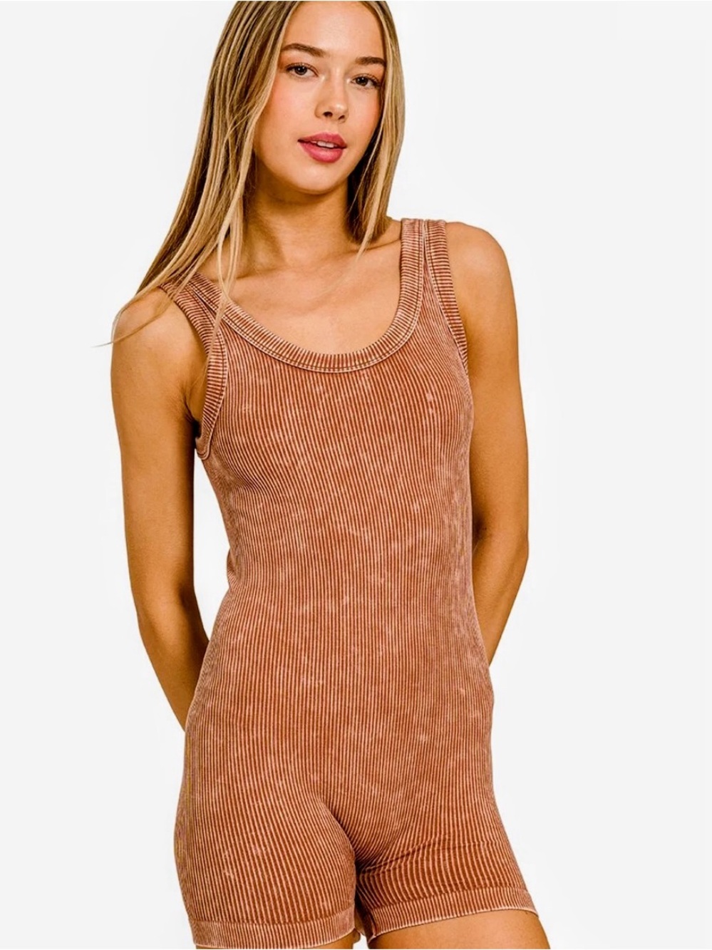 Zenana Outfitters Ribbed Tank Romper in Deep Camel